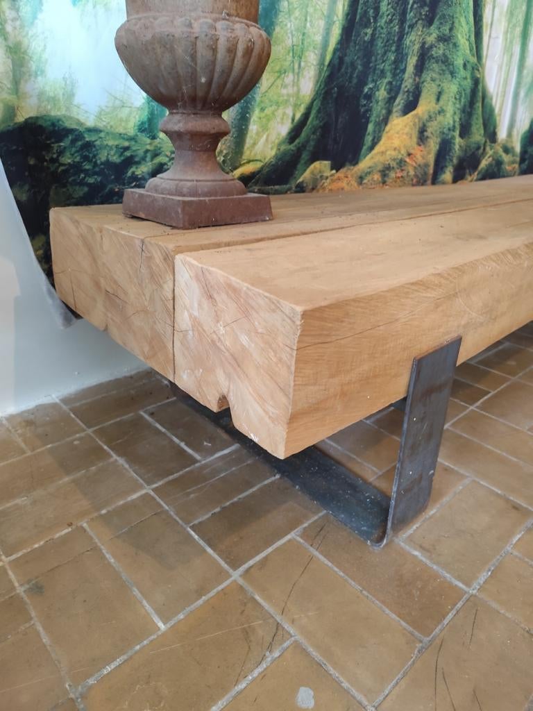 Robuuste houten bank met metalen onderstel, Huis en Inrichting, Stoelen, Ophalen, Bruin, Zo goed als nieuw, Rustiek, Industrieel