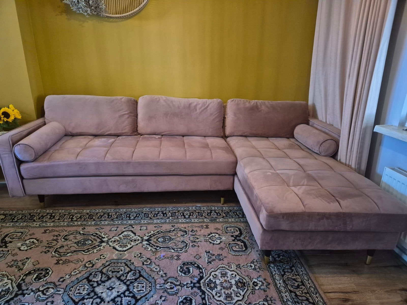 Roze Hoekbank, velvet - Zo goed als nieuw, Huis en Inrichting, Ophalen, Modern, Comfortabel, 250 tot 300 cm, 100 tot 125 cm