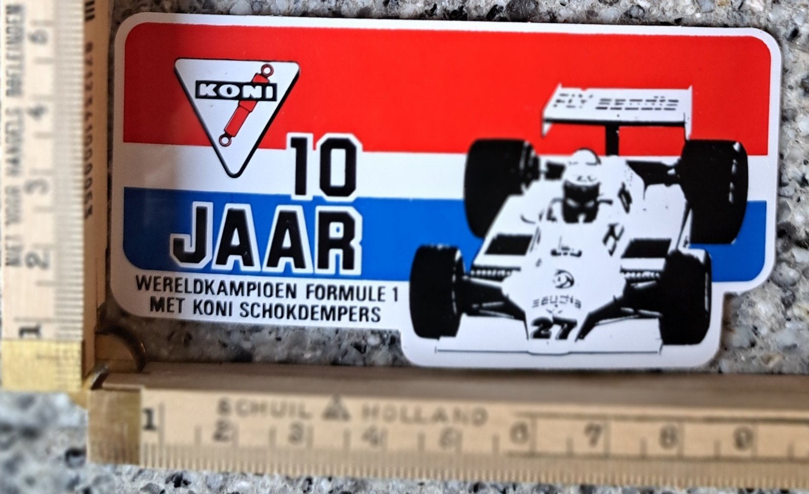 Vintage sticker Koni schokbrekers 10 jaar wereldkampioen F1, Ophalen of Verzenden, Zo goed als nieuw