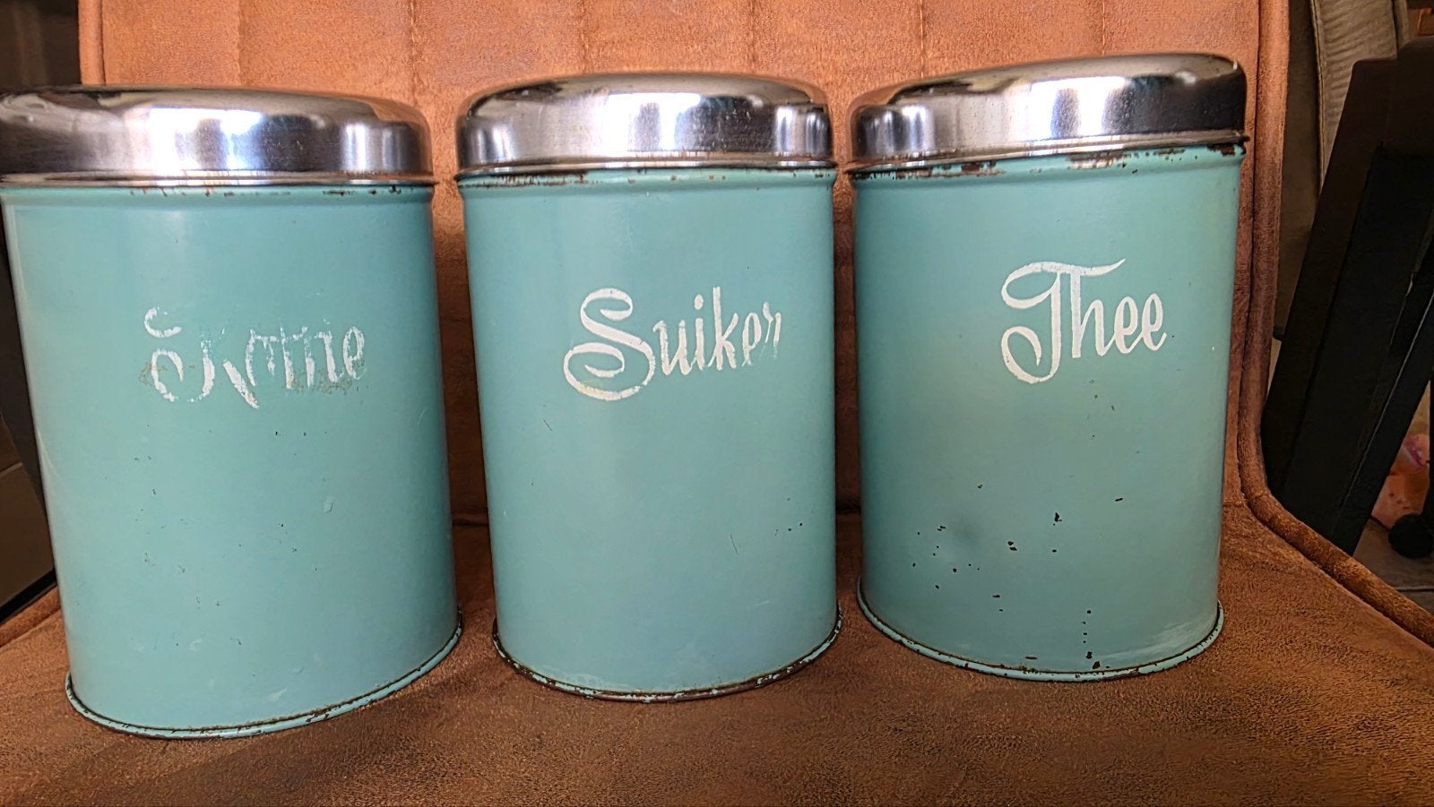 Vintage voorraadblikken set (koffie, suiker, thee), Ophalen