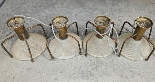 Set van 4 of 5 Vintage Holophane Hanglampen / Plafondlampen, Ophalen, Gebruikt, Art Deco Vintage Industrieel, E27 (groot)