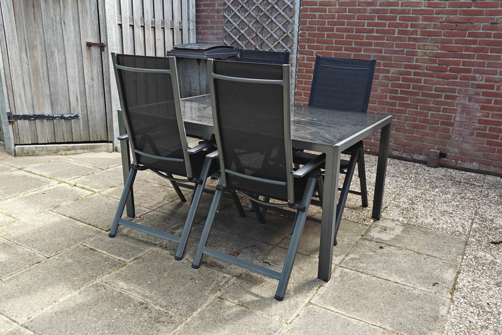 Tuinset met 4 stoelen en glazen tafel, Ophalen, 4 zitplaatsen, Gebruikt, Aluminium