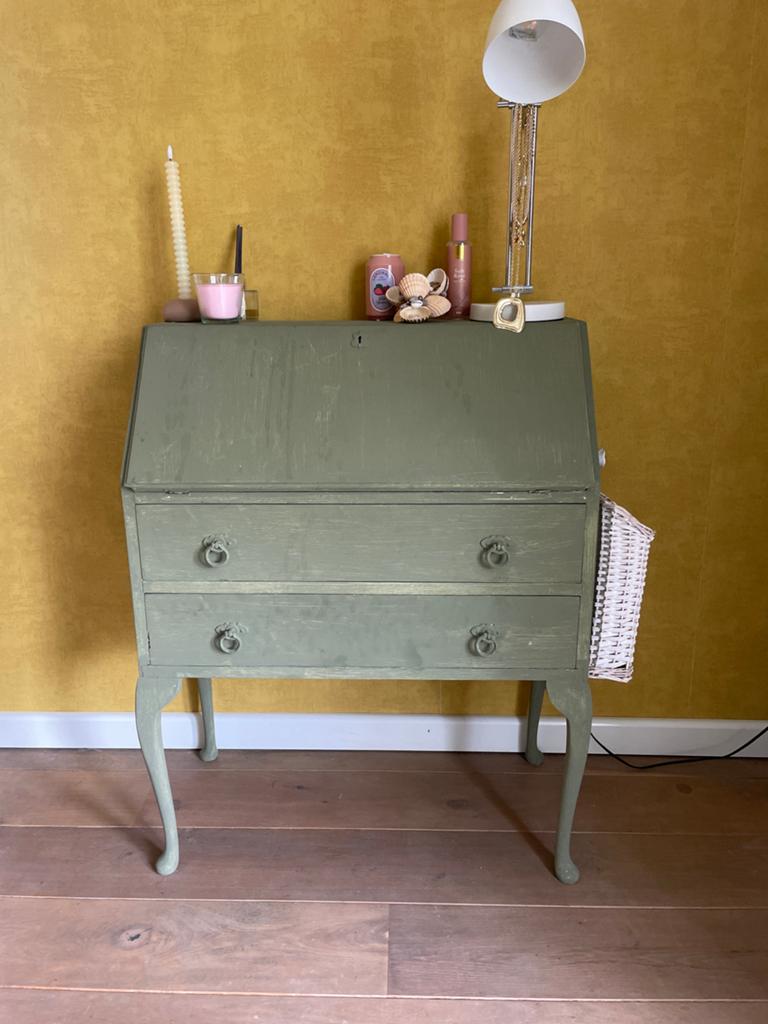 Vintage bureau olijfgroen met lades en opbergvakken., Ophalen, Gebruikt