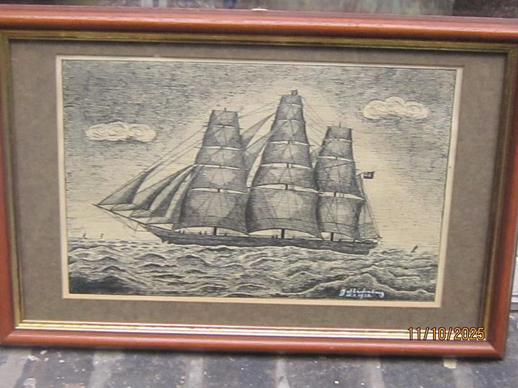 Mooie Proff. Tek/Houtsnede v/e Driemaster, Vastenburg 1936, Ophalen of Verzenden