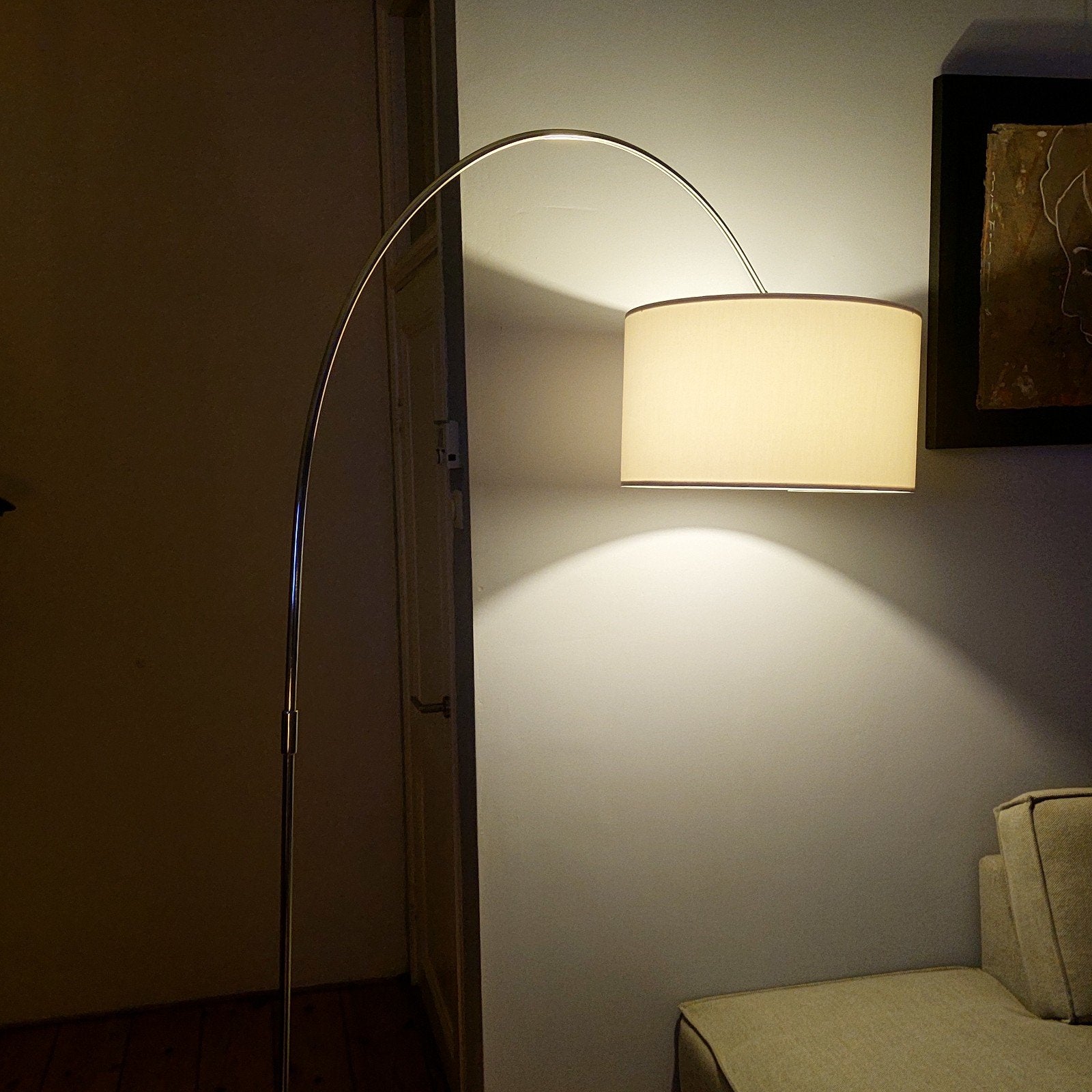 Moderne booglamp met stoffen kap, Ophalen, Gebruikt, E27 (groot), Textiel