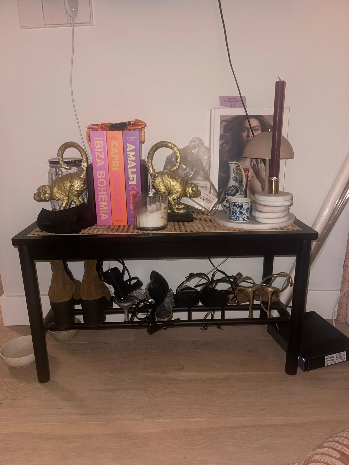 Jysk rotan bankje / bijzettafel, 45 tot 60 cm, Overige materialen, Gebruikt, Ophalen of Verzenden