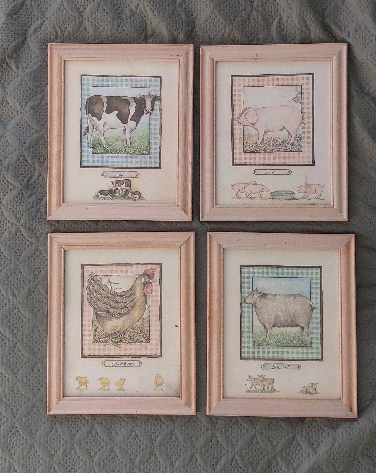 Set van 4 ingelijste boerderijdier prints, Huis en Inrichting, Woonaccessoires | Schilderijen, Tekeningen en Foto's, Minder dan 50 cm
