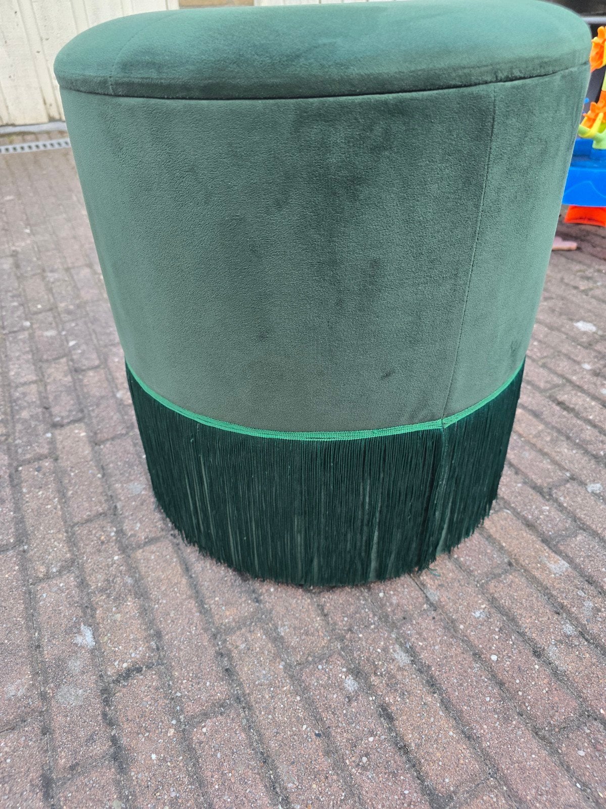 Velvet Groene Poef met Opbergruimte en Franjes, Ophalen, Minder dan 50 cm, Gebruikt, Rond