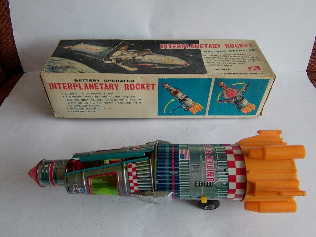 Oude blikken Yonezawa Interplanetary Rocket met Doos, Japan, Ophalen of Verzenden, Gebruikt