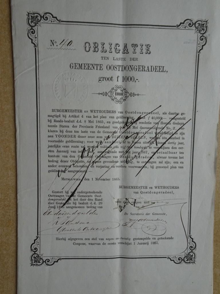 Obligatie 1000 gulden t.l.v. Gemeente Oostdongeradeel 1865 !, Ophalen of Verzenden, 1970 tot heden, Aandeel