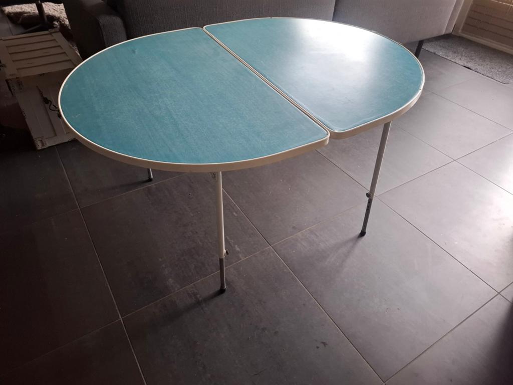 Vintage inklapbare tafel - Groen/Blauw blad, Ophalen of Verzenden, Gebruikt, Campingtafel
