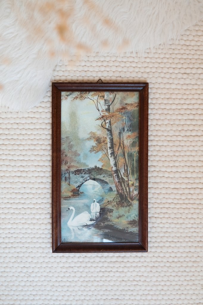 Vintage oude print zwanen schilderij, Achter glas, Dieren, Ophalen of Verzenden, Print