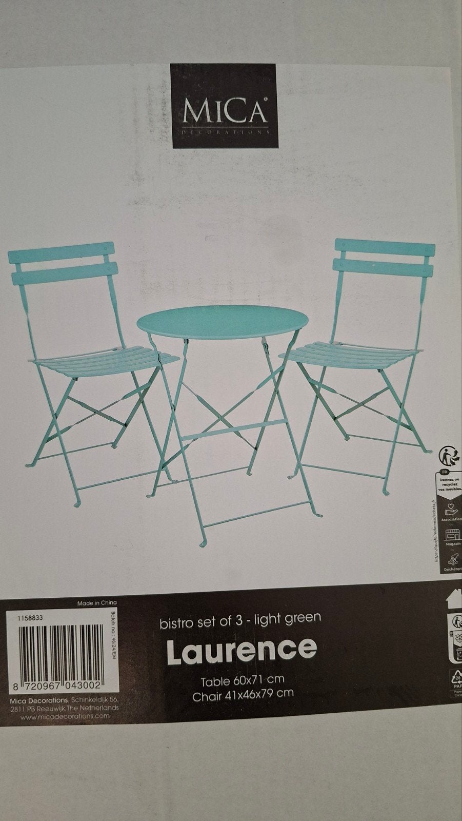 MICA Laurence Bistro Set 3-delig Lichtgroen,NIEUW, Ophalen, Nieuw, Overige materialen, 2 zitplaatsen