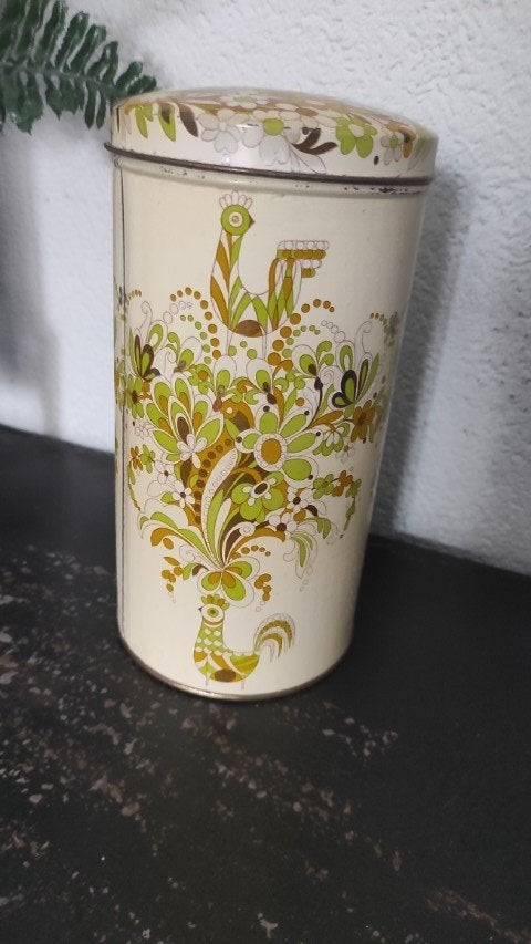 Vintage beschuitblik beige groen goud bloemen vogel, Ophalen of Verzenden, Gebruikt, Beschuit, Overige merken