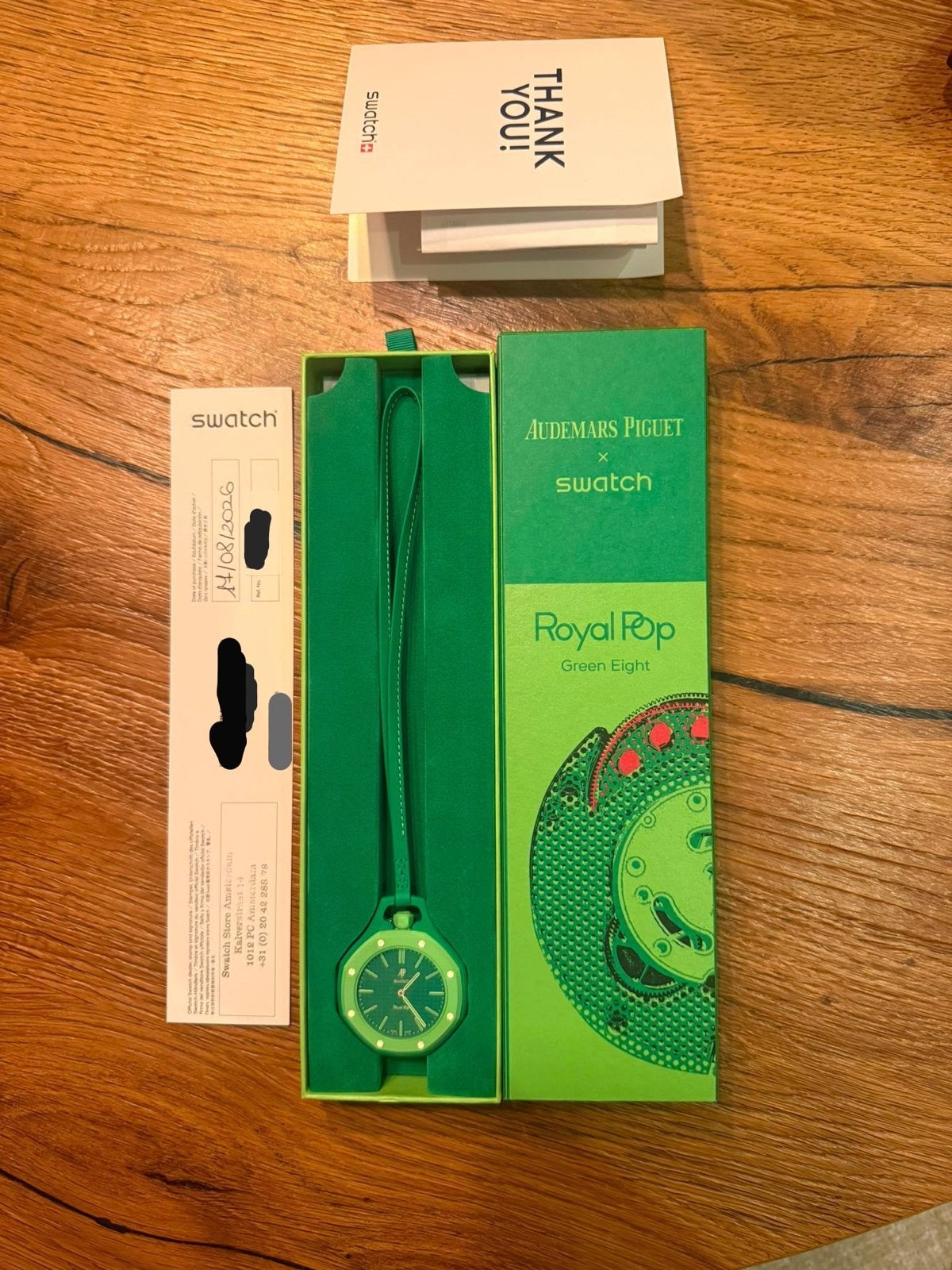 Swatch x Audemars Piguet Royal Pop Green Eight, Sieraden, Tassen en Uiterlijk, Overige materialen, Zakhorloge, Leer, Swatch