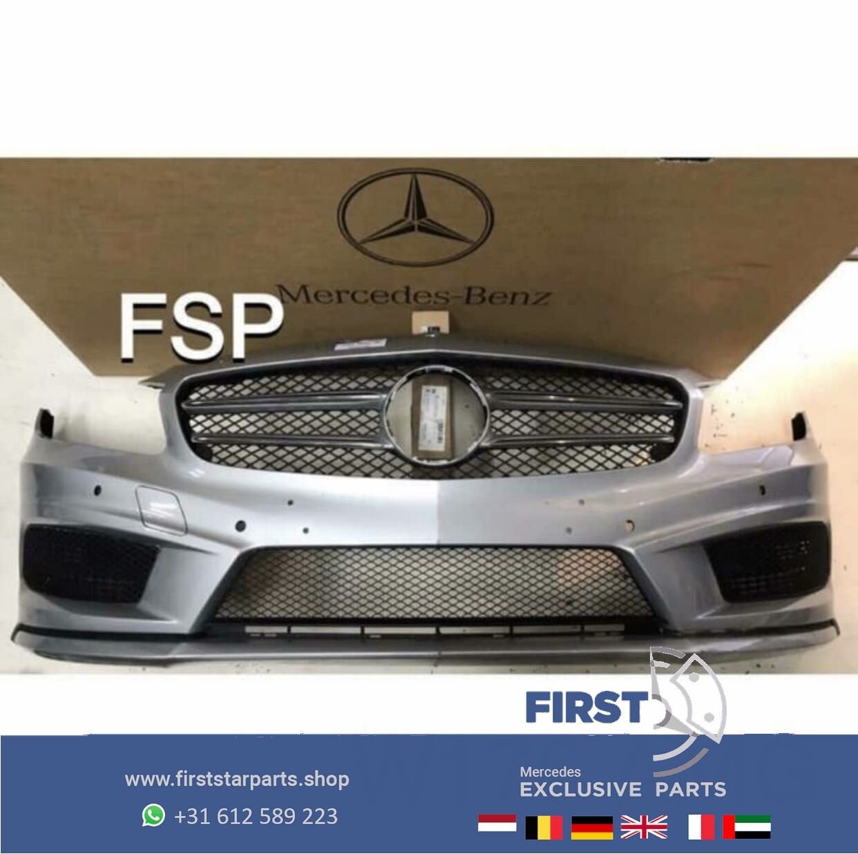 W176 AMG Voorbumper + gril Mercedes A Klasse 2012-2018 grijs, Gebruikt, -, Voor, Ophalen of Verzenden
