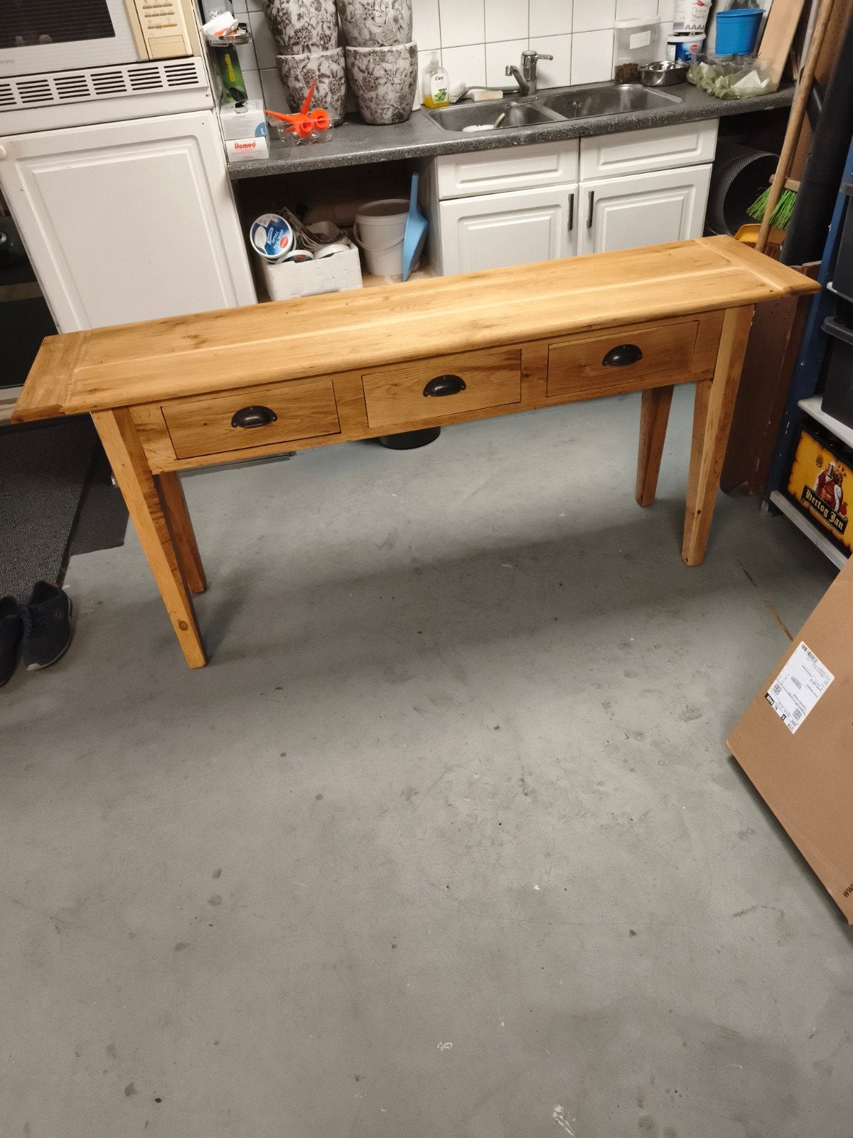 Massief eikenhouten sidetable met 3 lades, Landelijk, Robuust, Eikenhout, Ophalen of Verzenden, Zo goed als nieuw