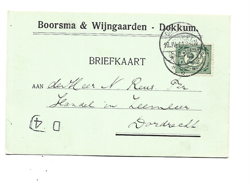 Dokkum -Boorsma & Wijngaarden -naar Dordrecht, Verzenden, Briefkaart