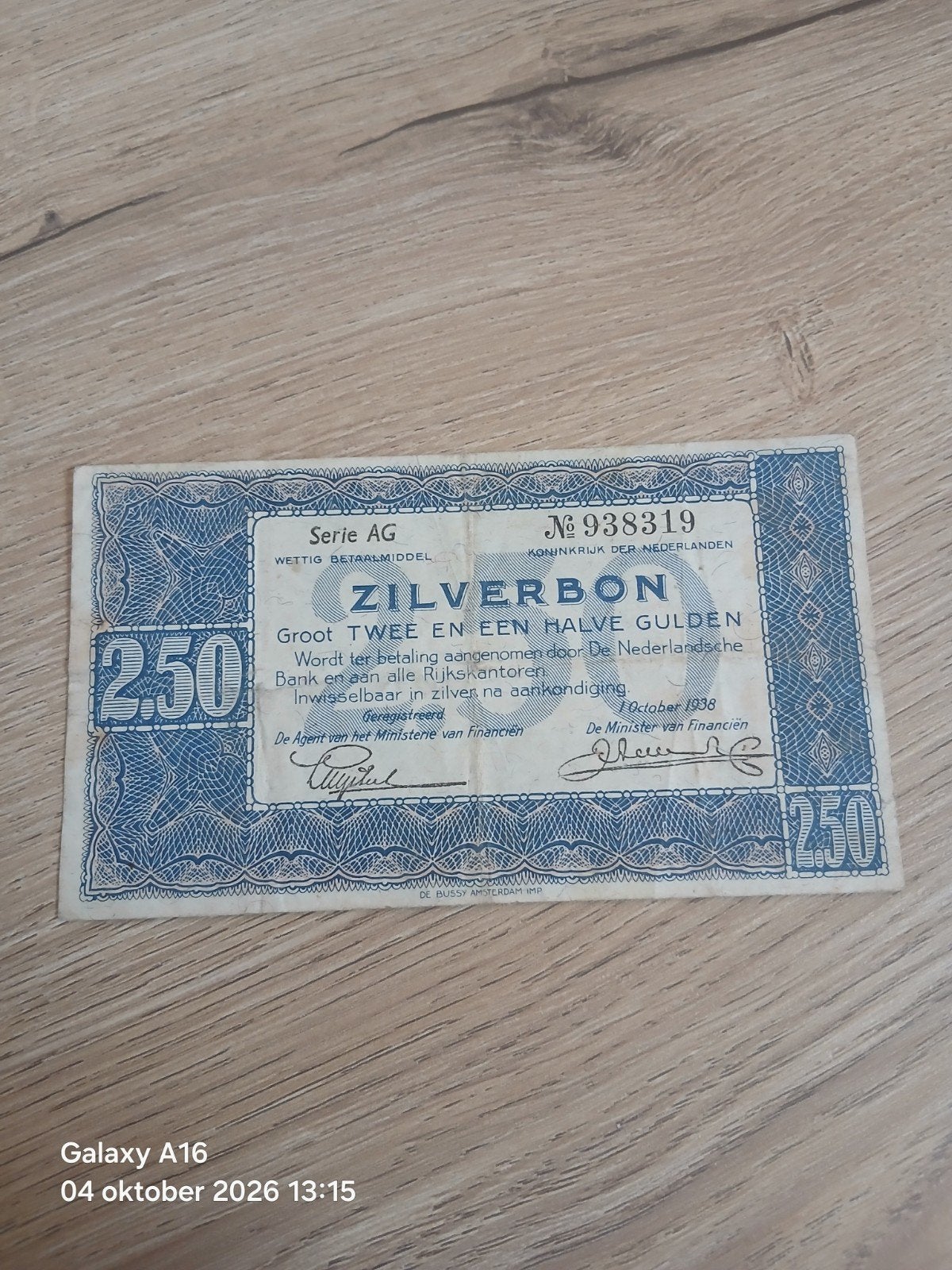 Zilverbon 2,50 gulden uit 1938 - Serie AG, Postzegels en Munten, Ophalen of Verzenden, 2½ gulden, Los biljet
