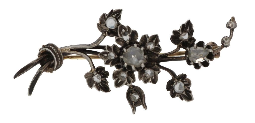Fraaie bloem tak broche 12 diamanten 14k goud zilver dames, Verzenden, Goud, Broche, Met edelsteen