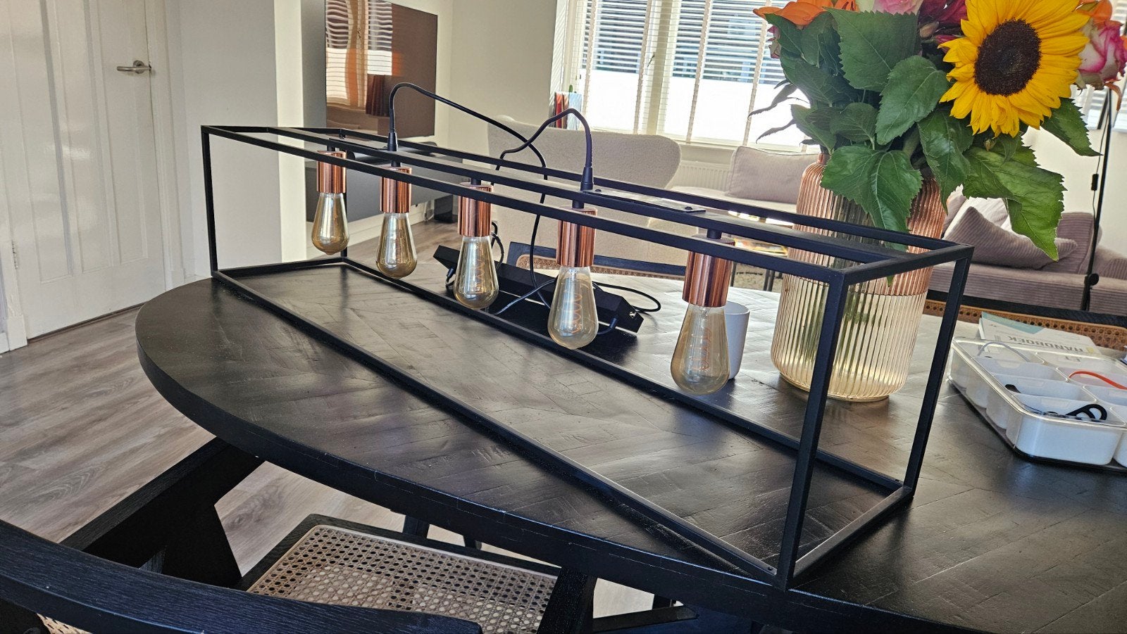 Moderne hanglamp met 5 E27 fittingen - Zwart/Koper, Ophalen, Modern, Industrieel, E27 (groot), Zo goed als nieuw