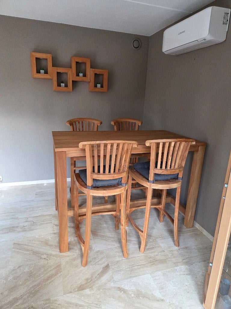 Teakhouten bartafel met 4 barkrukken en 4vaks lamp, 1e eig., Ophalen, Gebruikt