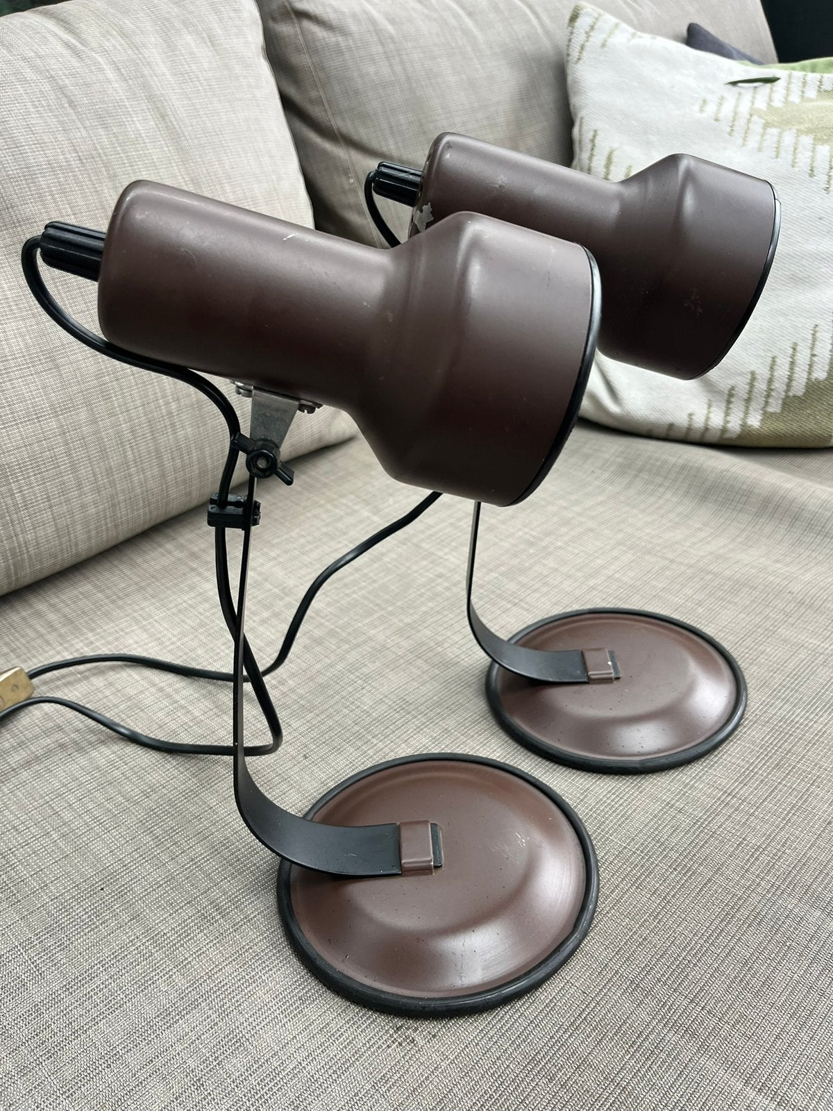 Vintage set tafellampen van Vrieland bruin, zeer trendy, Bureaulamp, Gebruikt, Overige merken, Ophalen of Verzenden