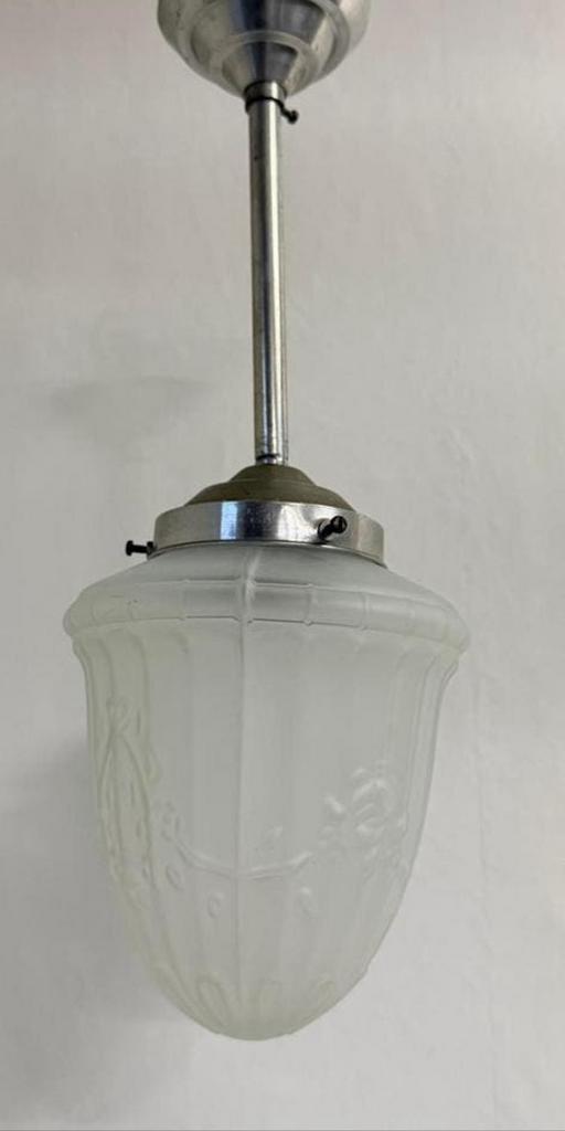 Art Nouveau matglas heldere hanglamp lamp chromen armatuur, Huis en Inrichting, Lampen | Hanglampen, Zo goed als nieuw, Glas, Metaal