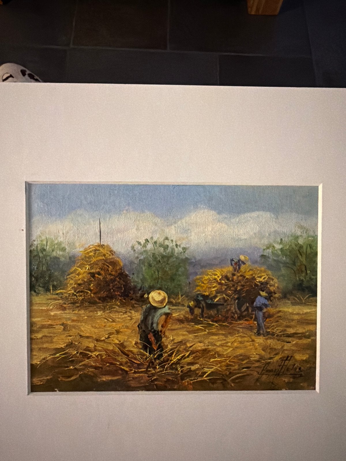 Olieverfschilderij: Oogsttafereel met boeren, Doek, Realistisch, Ophalen of Verzenden, Gesigneerd