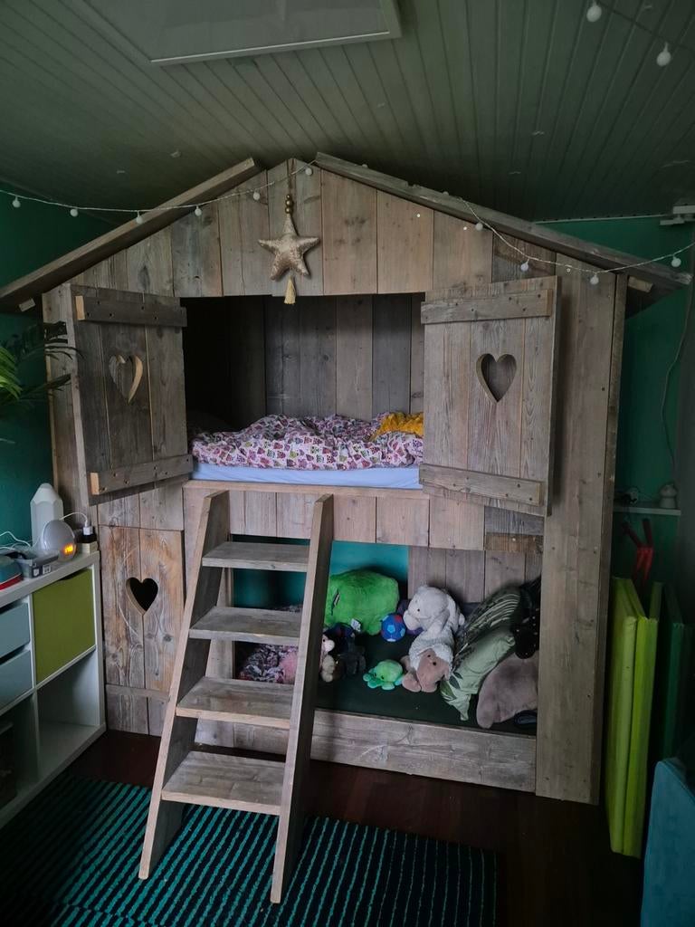 Bed huisje steigerhout, Ophalen, Gebruikt, 180 cm of meer, 85 tot 100 cm