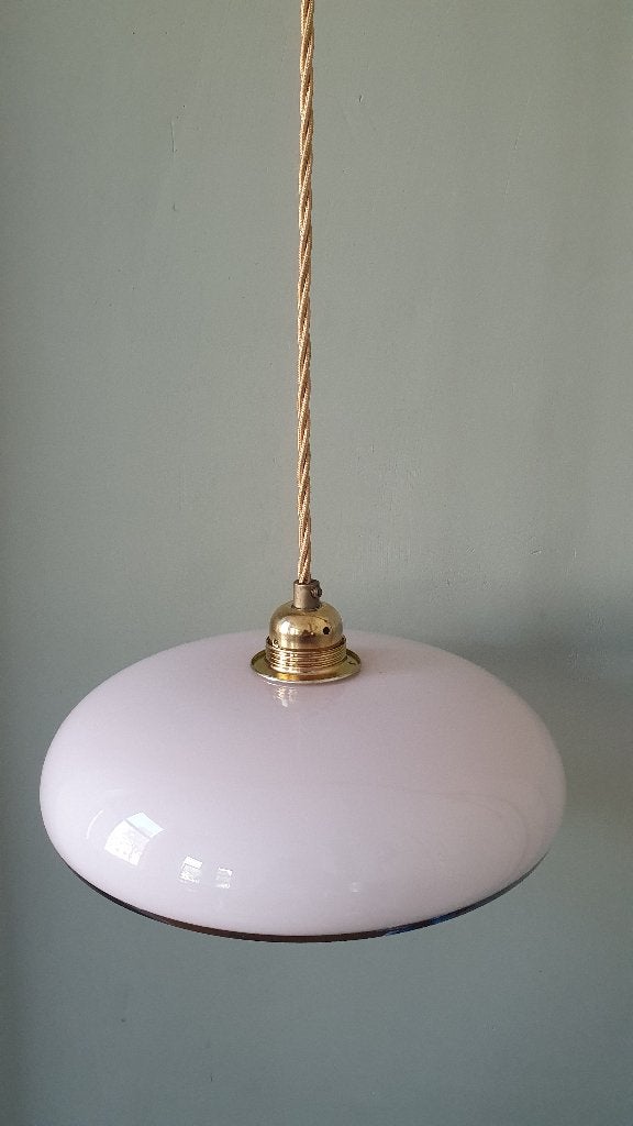 vintage hanglamp - zacht roze pastel opaline - goud deco, Gebruikt, Glas, Vintage, art deco, E27 (groot)