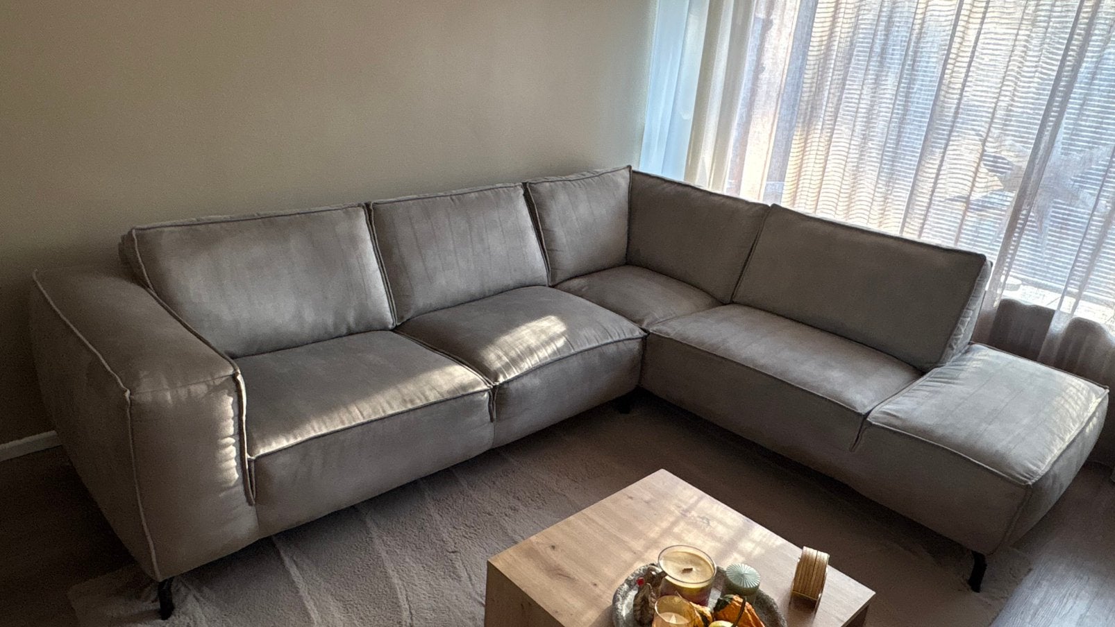 Nette hoekbank Eijerkamp grijs/beige 283  230 cm bank, Ophalen, Zo goed als nieuw, Stof, Modern