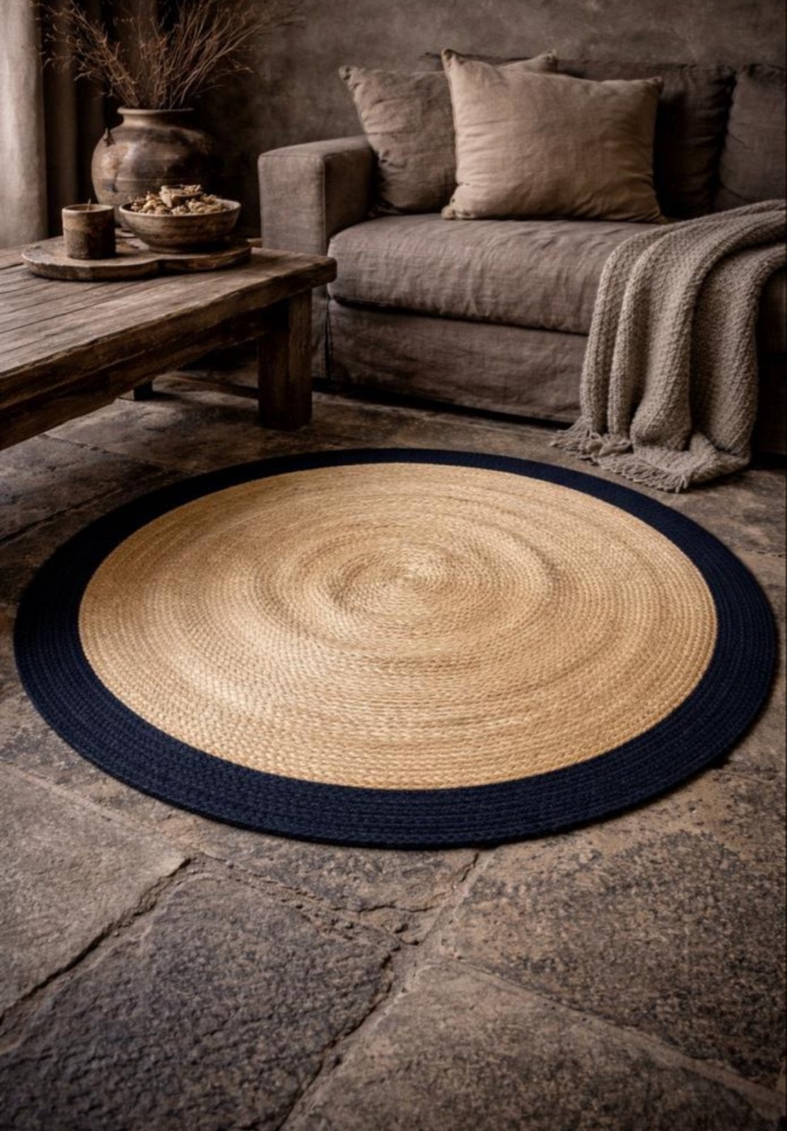 HKliving Juten Vloerkleed Rond met Zwarte Rand 125 cm, 100 tot 150 cm, Zwart, Rond, Ophalen of Verzenden