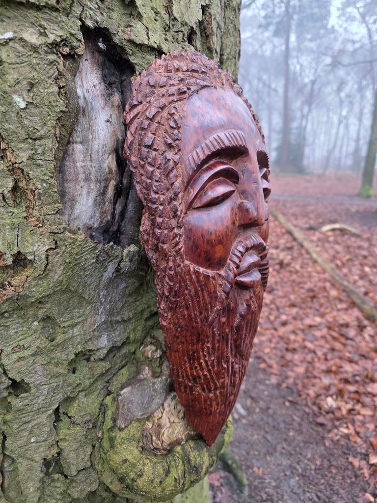 Uniek houten wandmasker handgesneden, Hout, Bruin, Afrika, Masker