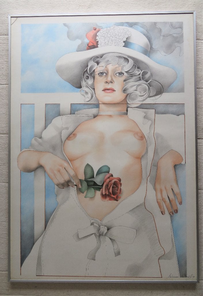 Tekening Adriaan Kruiff; vrouw met roos, Ophalen of Verzenden