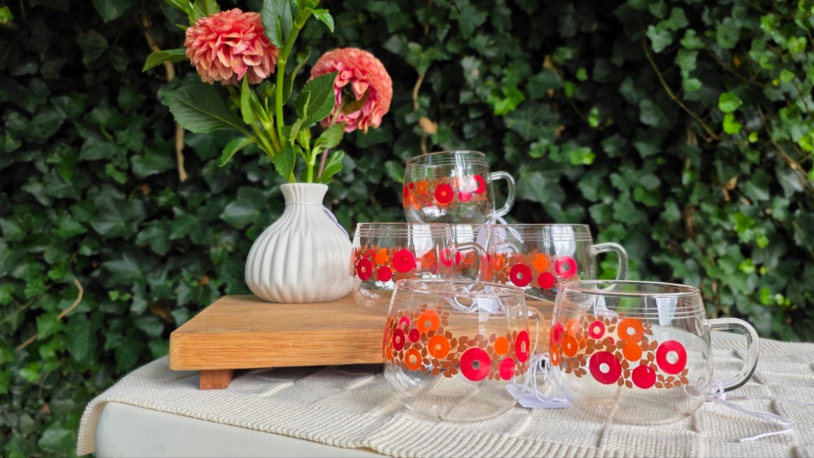 Vintage Schott Mainz Jena Glazen Theekopjes Bloemmotief, Glas of Glazen, Vintage, Vintage, Ophalen of Verzenden