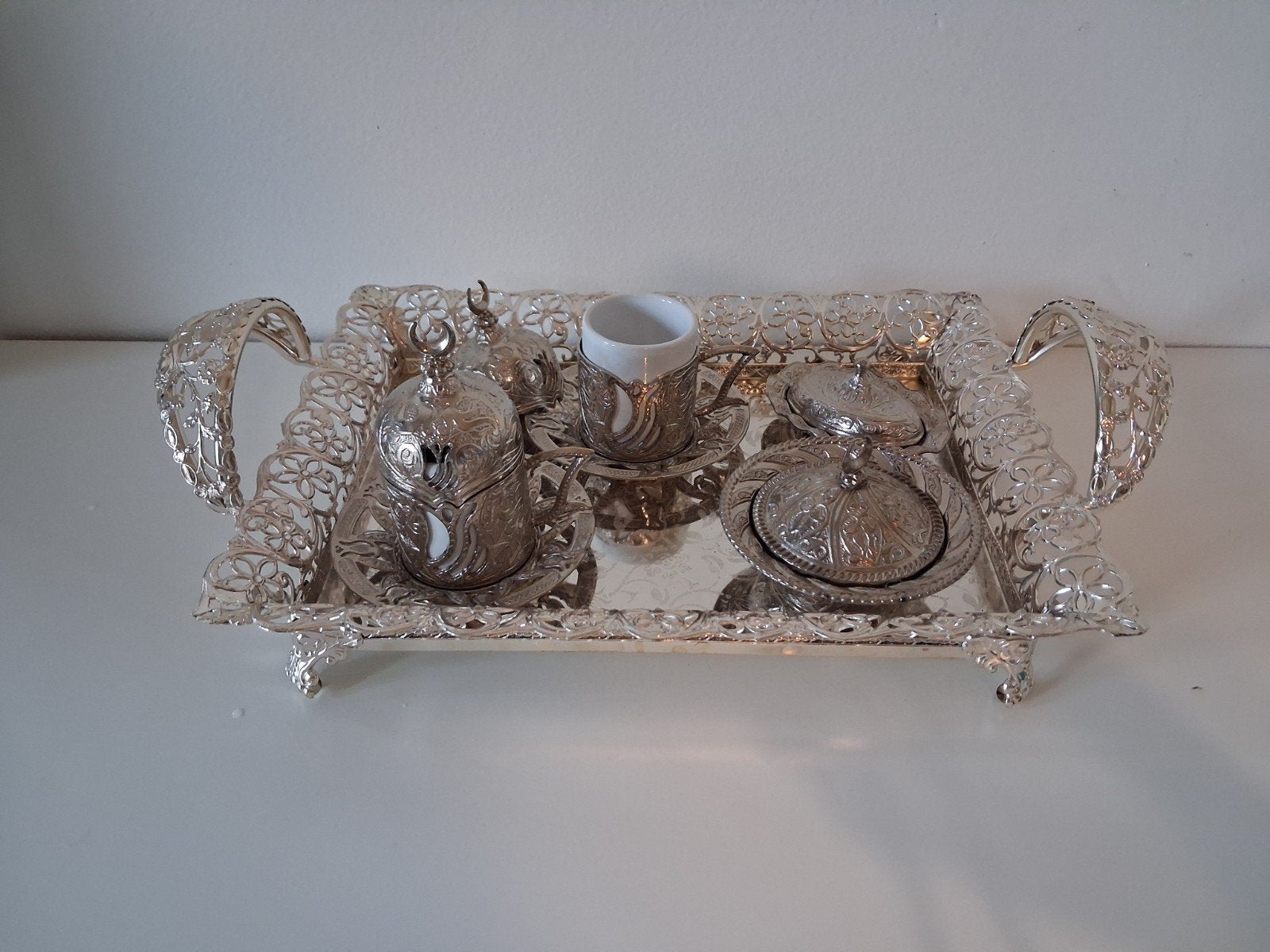 Zilverkleurige Turkse koffieset met dienblad, Ophalen, Overige merken, Vintage, Zo goed als nieuw