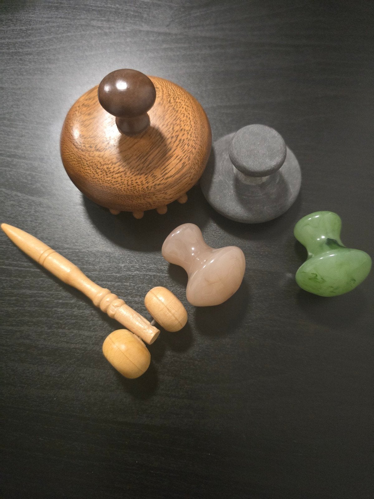 Massage set: Houten borstel, Hotstone en Jade/Rozenkwarts, Ophalen of Verzenden, Zo goed als nieuw, Overige typen