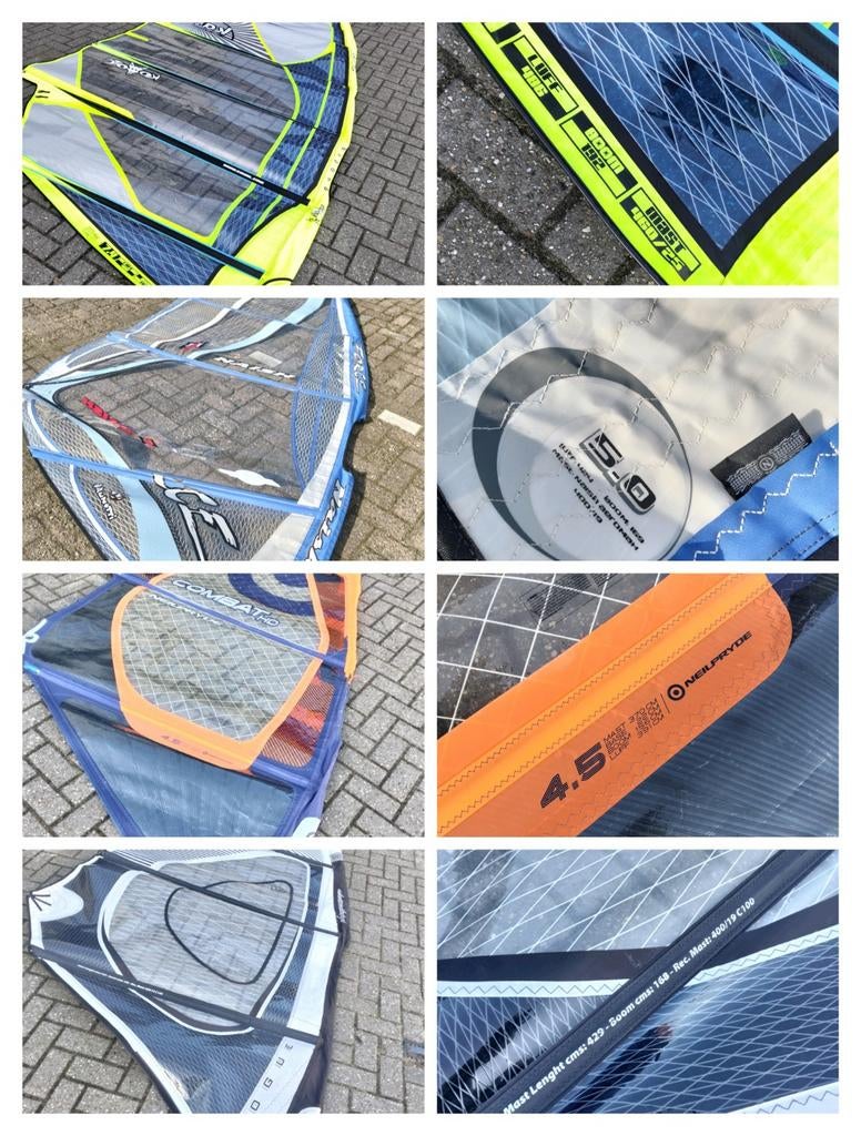 heel veel nieuwe en gebruikte zeilen 3.7 t/m 12.5 v.a.€50,--, Watersport en Boten, Windsurfen, Gebruikt, Zeil, Minder dan 250 cm