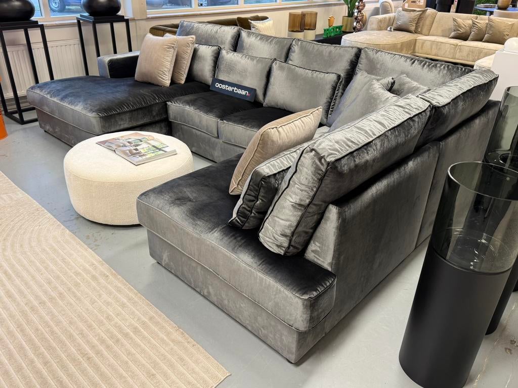 Luxe Velvet U-bank Pocket 170x350x220cm Grijs Grey NIEUW, Info@oosterbaanwonen.nl, Venus 31 8448CE Heerenveen, Hoekbank, Oosterbaan Wonen