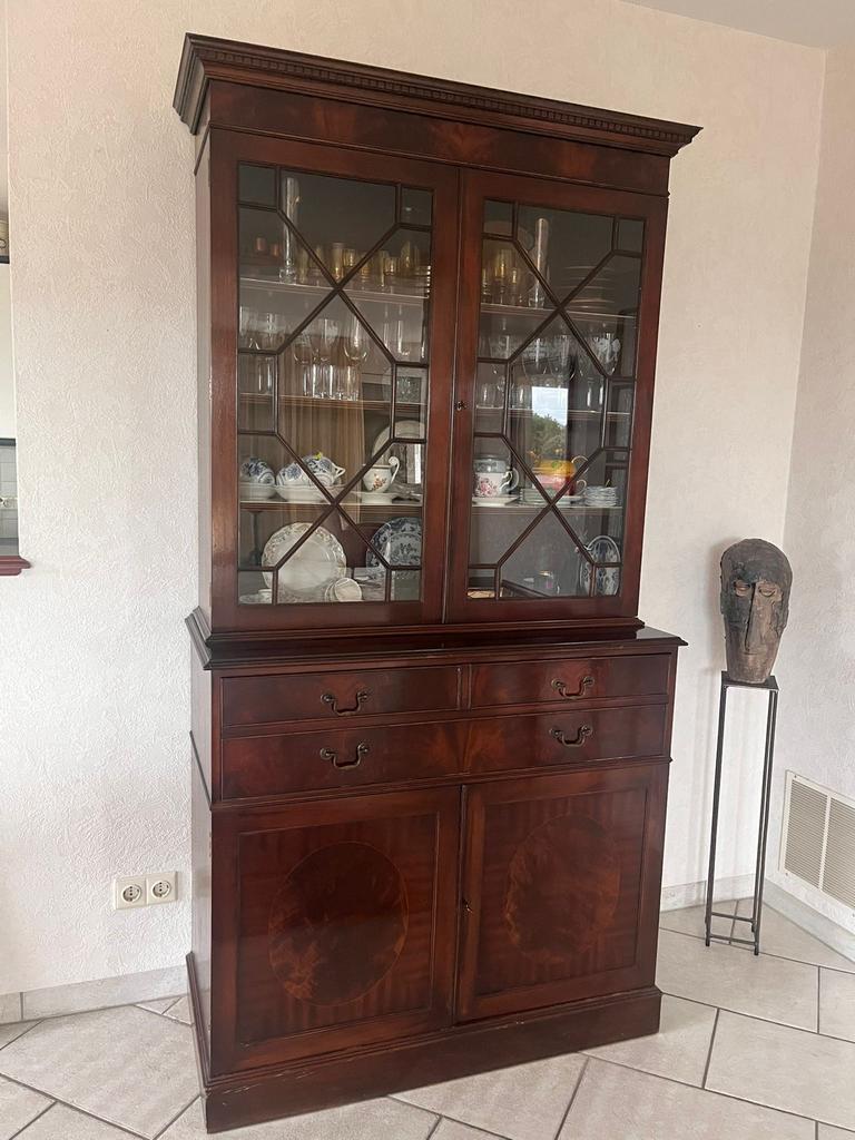 Antieke Vitrinekast met Secretaire - Wortelhout, Mahonie, Ophalen, 100 tot 150 cm, Zo goed als nieuw, Met lade(s)