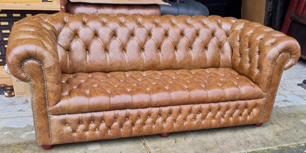 Chesterfield bank vintage bruin leer + BEZORGING GRATIS