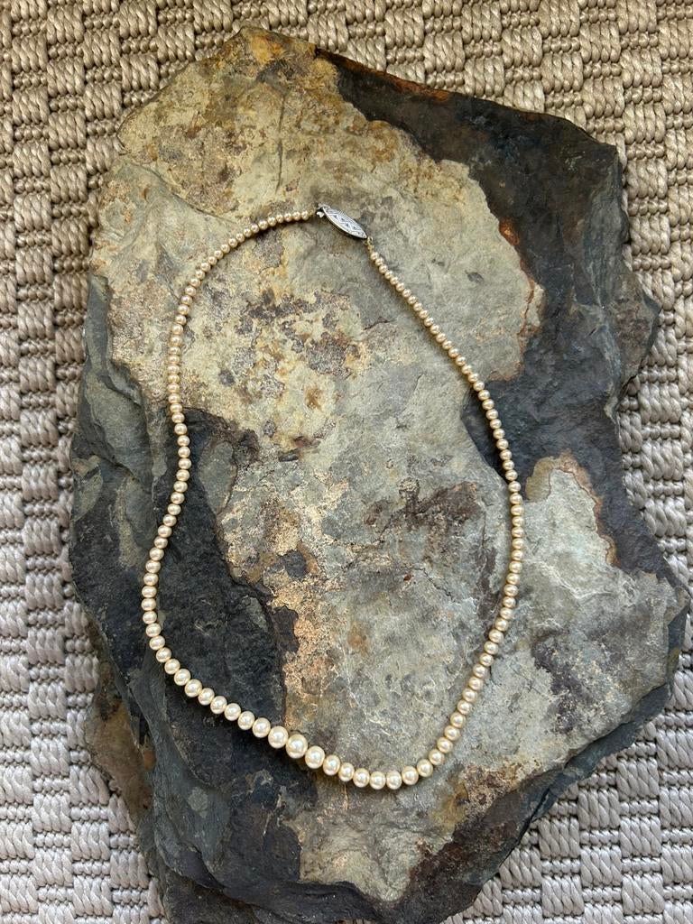 Vintage Parelketting  835 Zilveren Slot  Glasparels  '50/'60, Ophalen of Verzenden, Zo goed als nieuw, Wit, Zilver
