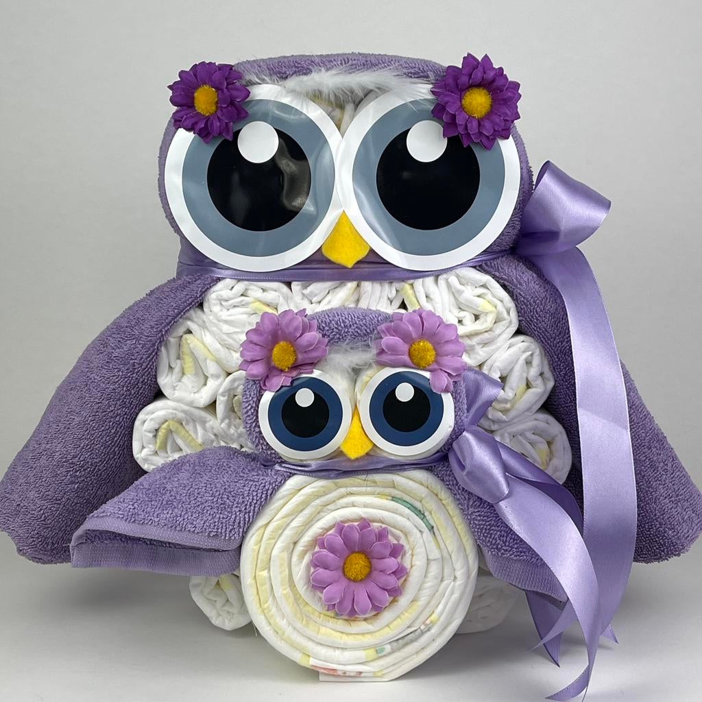 Luiertaart uil luieruil meisje lavendel paars, Ophalen of Verzenden, Nieuw, Kraamcadeau