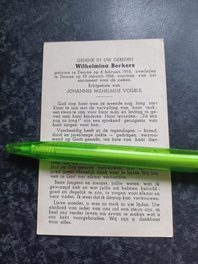 Bidprentje Deurne Wilhelmina Berkers 1916 1964, Ophalen, Bidprentje