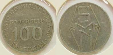 Boordgeld Stoomvaart Maatschappij Nederland 100, Postzegels en Munten, Penningen en Medailles, Verzenden, Overige materialen, Nederland