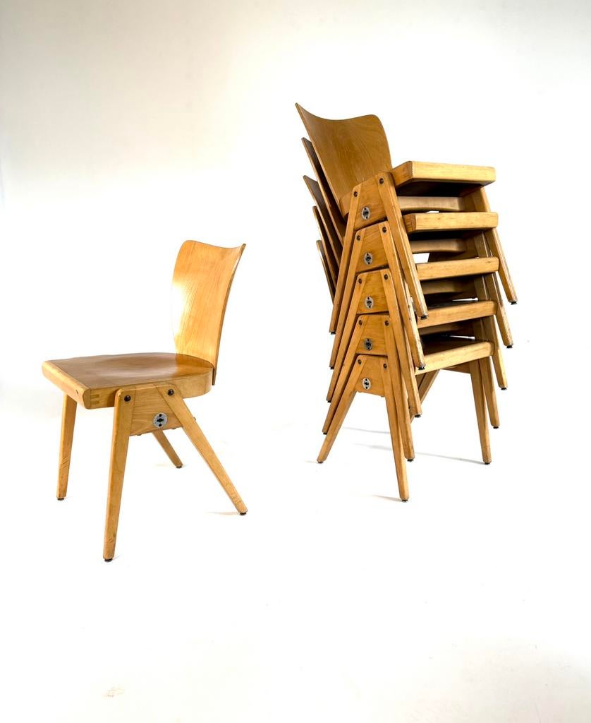 Set van 6 vintage plywood stapelstoelen, Kaderer ‘60, Huis en Inrichting, Stoelen, Zo goed als nieuw, Vijf, Zes of meer stoelen