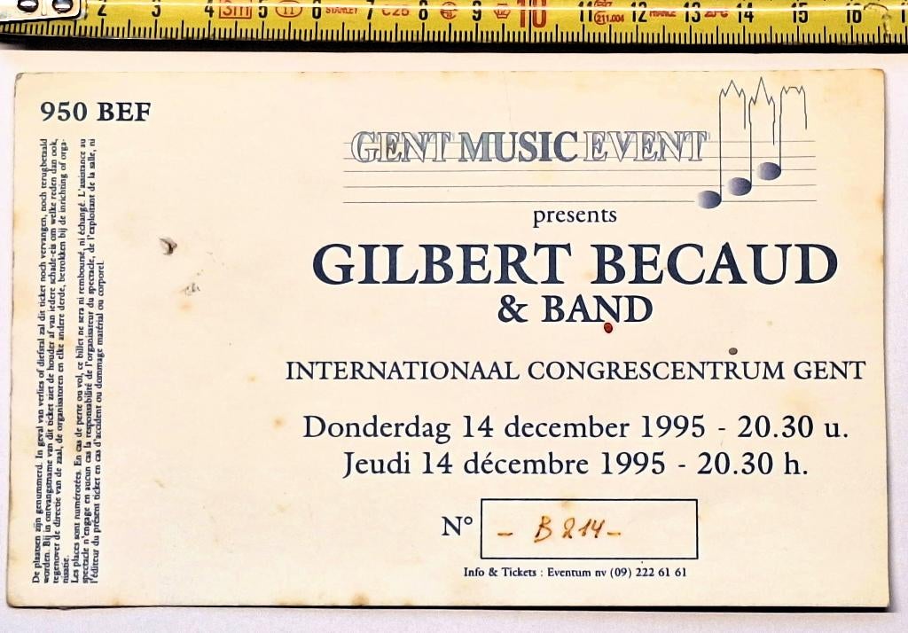 GILBERT BECAUD == ticket === België = 1995, Ophalen of Verzenden, Gebruikt, Foto of Kaart