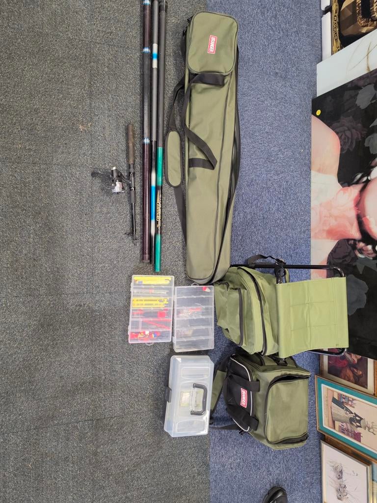 Complete vis set met hengels, molen, tassen en accessoires, Ophalen of Verzenden, Gebruikt, Complete hengel