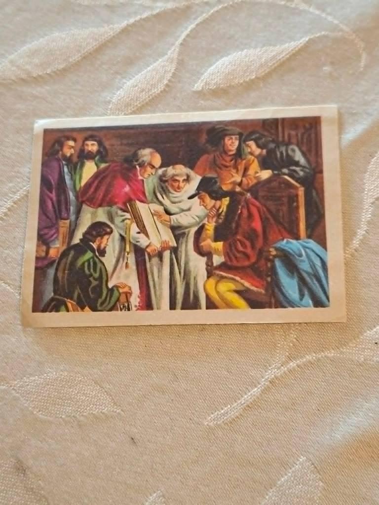 Prentje/Chromo:Voorlegging eerste gedrukte Bijbel, Gebruikt, Verzenden, Voor 1940, Prent